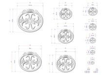 Load image into Gallery viewer, multiple images of a decorative metal piece, possibly a sculpture or a ring, with detailed measurements and dimensions provided. The images are arranged in a grid format, with each image being a smaller version of the larger piece. The images are labeled with their respective measurements, allowing for a clear understanding of the piece's size and design.
