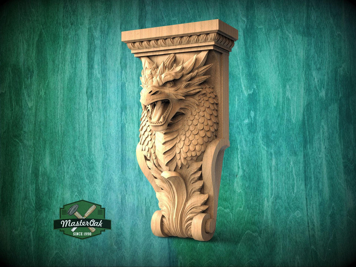 A carved wooden dragon sculpture is displayed against a green background.