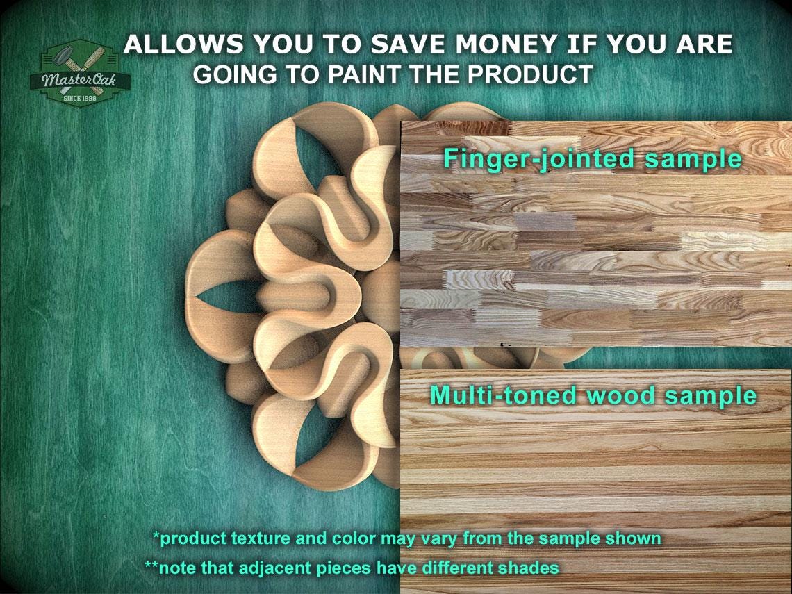 The image is a promotional advertisement for Master Oak, a company that sells wood products. It features a close-up of a wooden sample, showcasing the texture and color of the wood. The ad highlights that the product texture and color may vary from the sample shown, and that adjacent pieces have different shades. The ad also mentions that the product is finger-joined and multi-toned, indicating that it is a high-quality, versatile wood product.