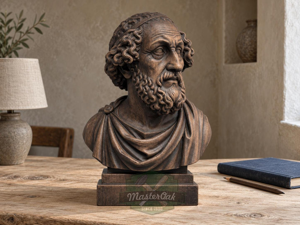 Homer Bust | Carved & Hand-Finished Wood Statue | Gift for Literature Lovers
