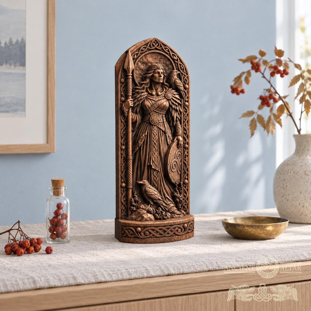 The Morrigan Statue with Ravens, Wooden Celtic Goddess Figurine, Irish Mythology Altar Decor, Pagan Warrior Goddess Gift