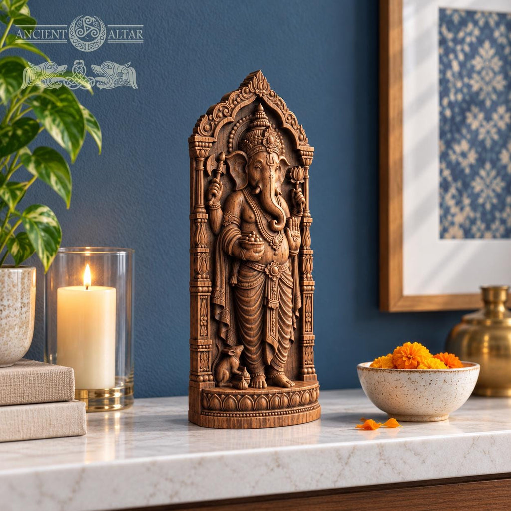 Wooden Ganesha Statue, Hindu Elephant God Figurine, Ganesh Altar Decor, Indian Deity Sculpture, Spiritual Yoga Gift