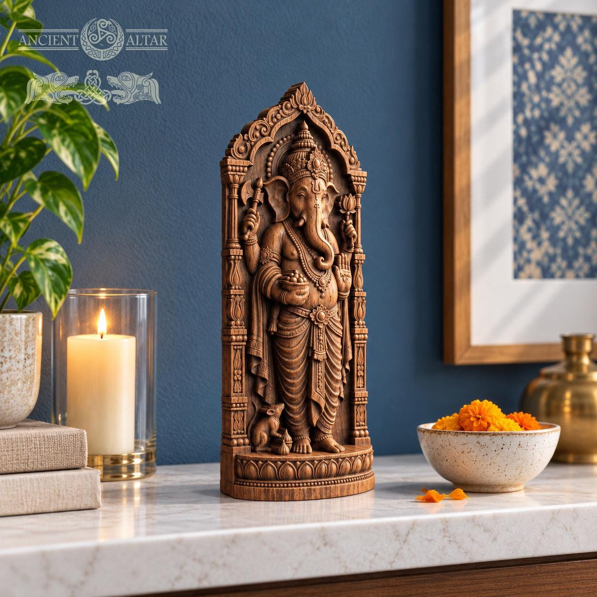 Wooden Ganesha Statue, Hindu Elephant God Figurine, Ganesh Altar Decor, Indian Deity Sculpture, Spiritual Yoga Gift