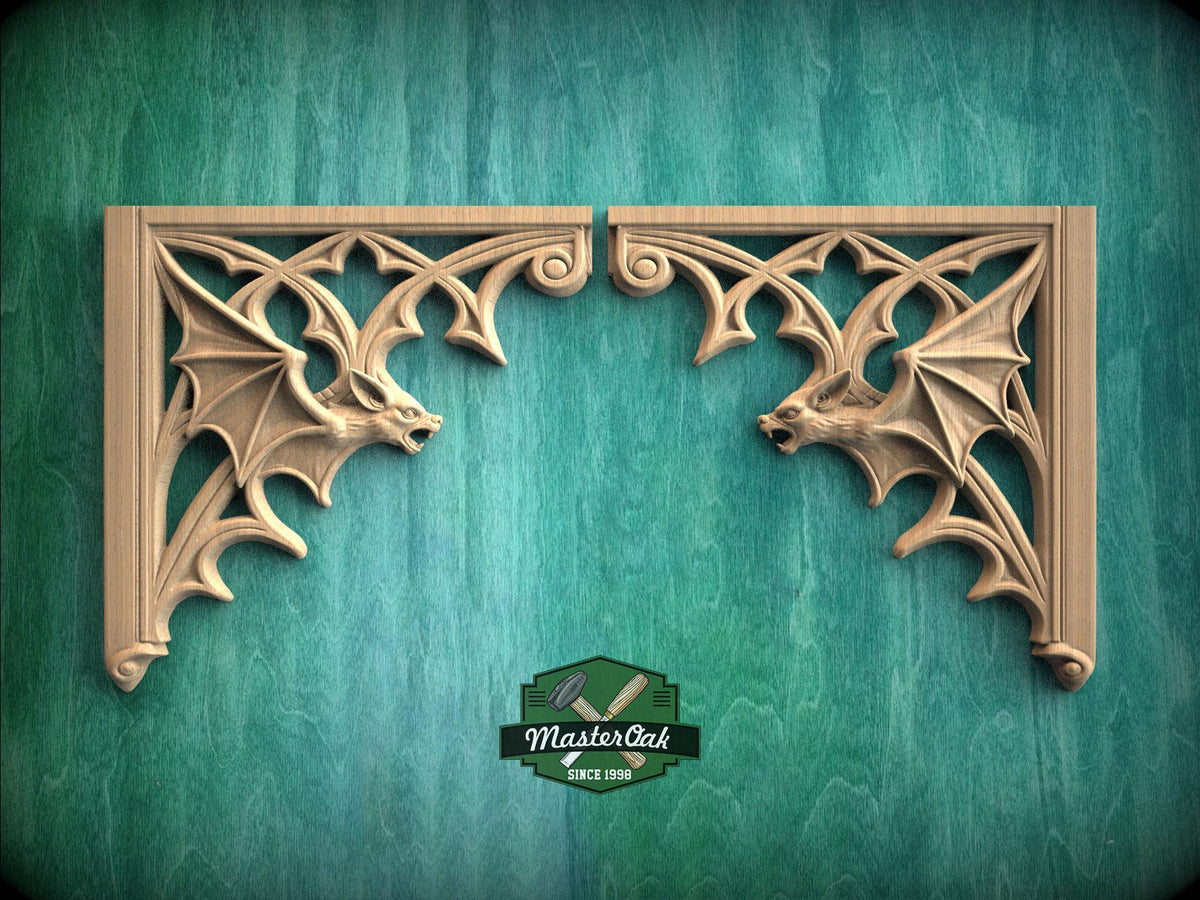 Gothic Bat Corner Brackets – Wooden Arch Decor for Cabinet or Door Frame, Set of 2pcs