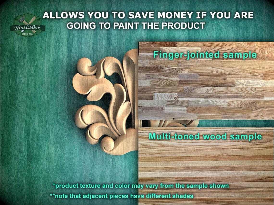 The image is a promotional image for Master Oak, a company that sells wood products. It features a close-up of a wooden sample, including a finger-jointed sample and a multi-toned wood sample. The text on the image encourages viewers to save money by painting the product, highlighting the different textures and colors available. The image also mentions that the product texture and color may vary from the sample shown, and that adjacent pieces have different shades.