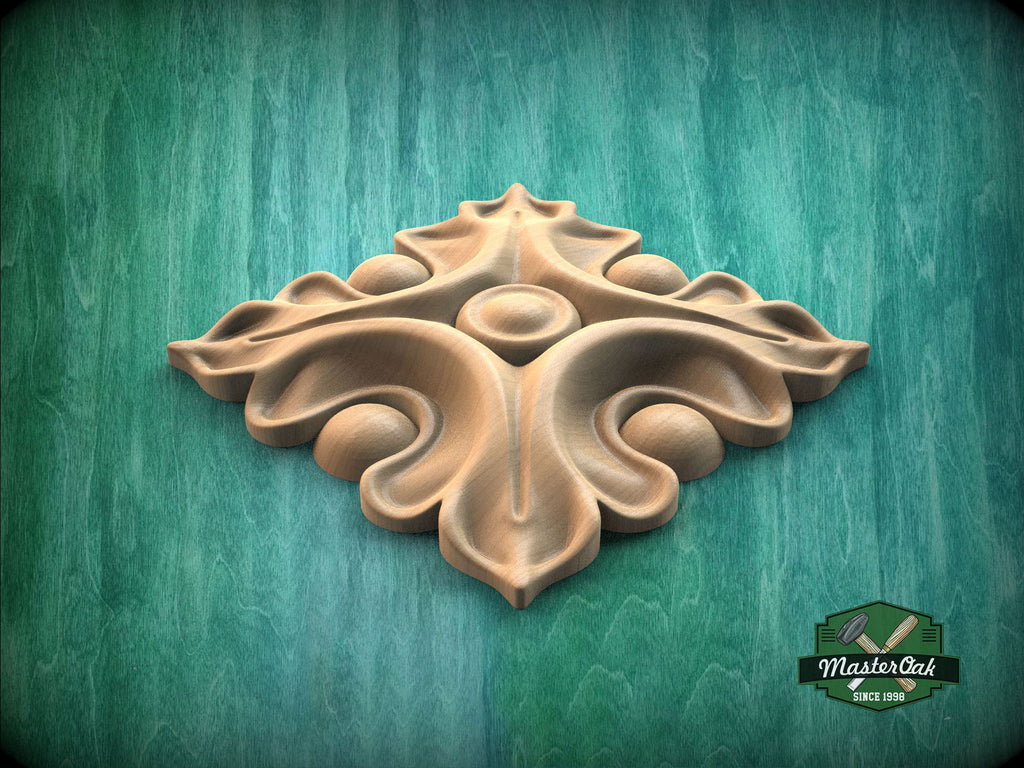 A decorative wooden piece with an intricate, organic design is displayed against a green background.