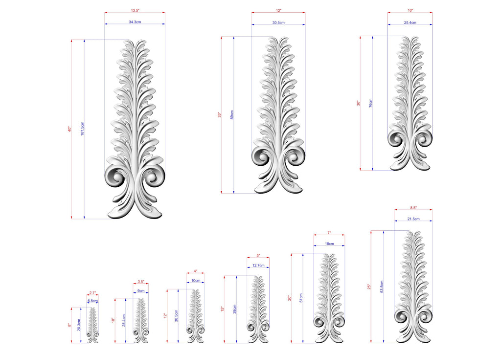 a collection of stylized, decorative tree-like designs with intricate patterns and measurements. The designs are presented in various sizes, ranging from small to large, and are accompanied by corresponding dimensions in centimeters. The image does not contain any text or additional elements that would require a more detailed description.