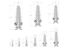 Load image into Gallery viewer, a collection of stylized, decorative tree-like designs with intricate patterns and measurements. The designs are presented in various sizes, ranging from small to large, and are accompanied by corresponding dimensions in centimeters. The image does not contain any text or additional elements that would require a more detailed description.
