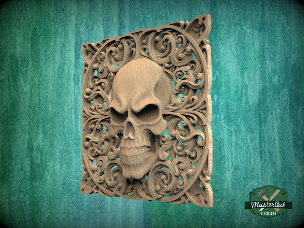 Gothic Skull Wood Onlay, Baroque Skull Carving, 1 pc, Unpainted, Home Wall Embellishments, Carved Wooden Accent, wood wall art decor