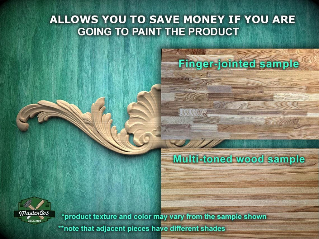 The image is a comparison of two different types of wood samples, one being a finger-jointed sample and the other being a multi-toned wood sample. The finger-jointed sample is shown on a green background, while the multi-toned wood sample is displayed on a wooden surface. The text in the image provides information about the samples, stating that they allow for savings if one is going to paint the product, and that the product texture and color may vary from the sample shown.