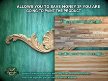 Load image into Gallery viewer, The image is a comparison of two different types of wood samples, one being a finger-jointed sample and the other being a multi-toned wood sample. The finger-jointed sample is shown on a green background, while the multi-toned wood sample is displayed on a wooden surface. The text in the image provides information about the samples, stating that they allow for savings if one is going to paint the product, and that the product texture and color may vary from the sample shown.
