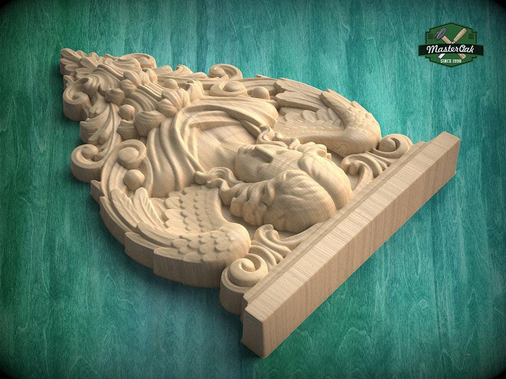 Carved Wood Angel Wall Applique with Wings and Acanthus Scrollwork