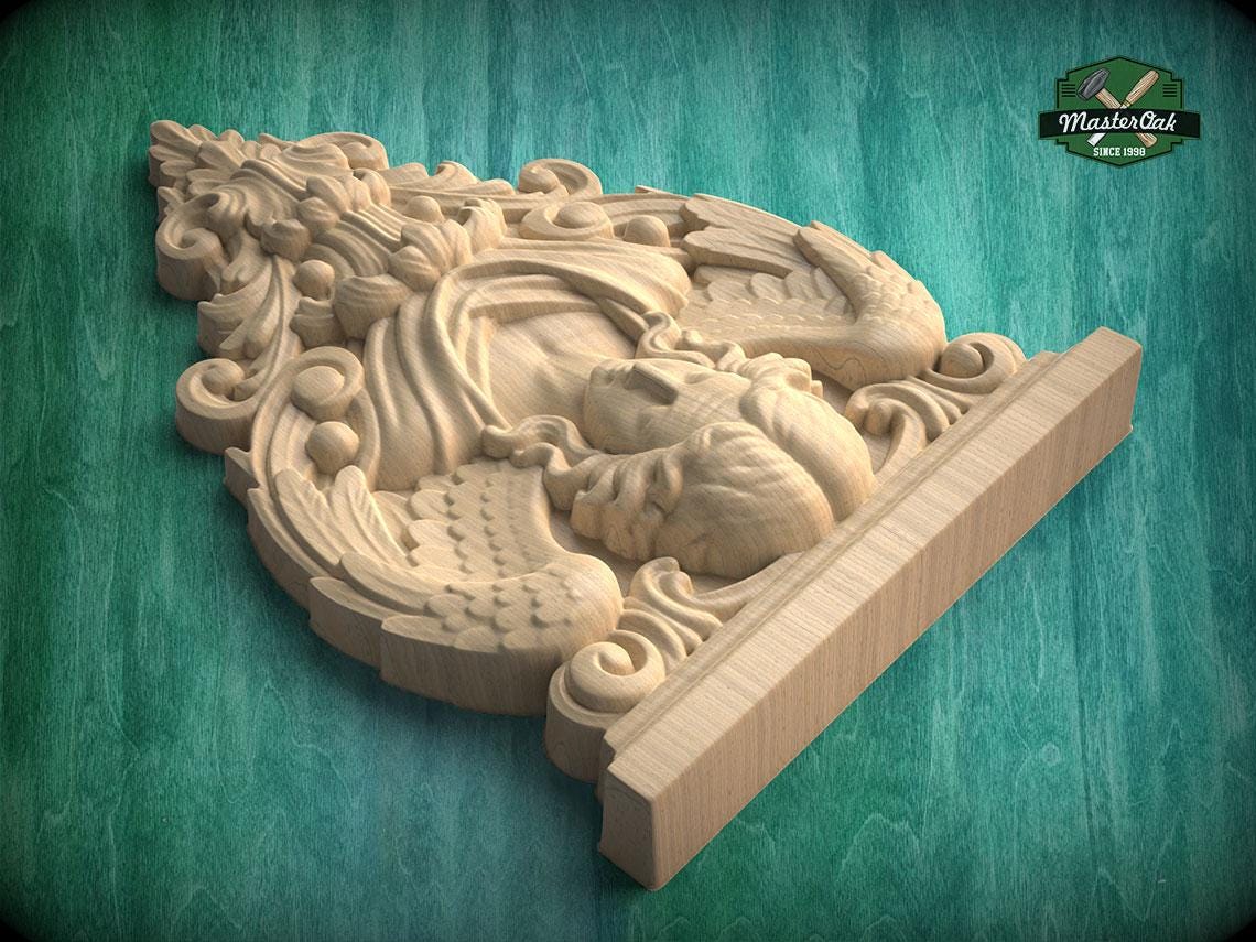 Carved Wood Angel Wall Applique with Wings and Acanthus Scrollwork