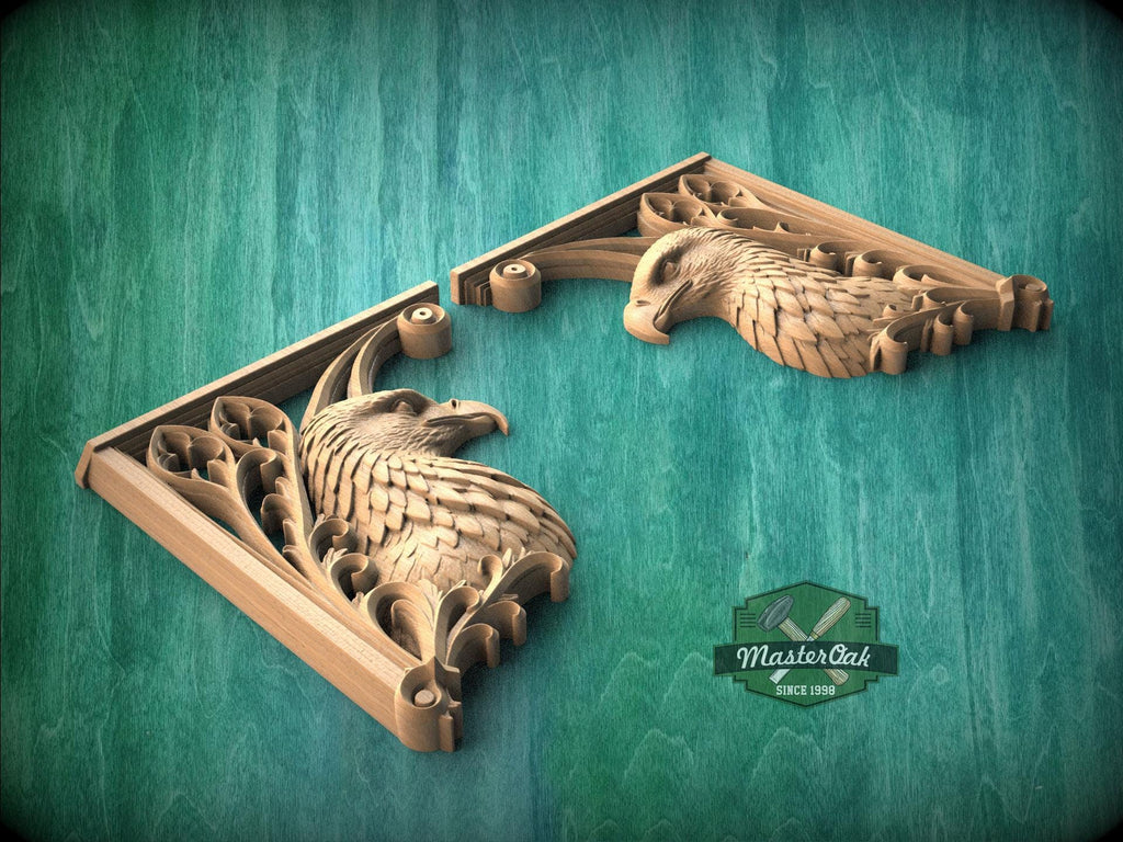Carved Wood Eagle Corner Onlays, Mirrored Pair with Gothic Scrollwork