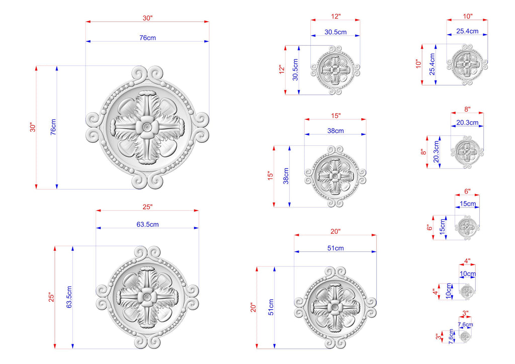 various sizes of a decorative design, including a central circle and smaller circular shapes surrounding it. The image is a technical drawing with measurements and dimensions provided for each design element.
