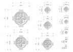 various sizes of a decorative design, including a central circle and smaller circular shapes surrounding it. The image is a technical drawing with measurements and dimensions provided for each design element.