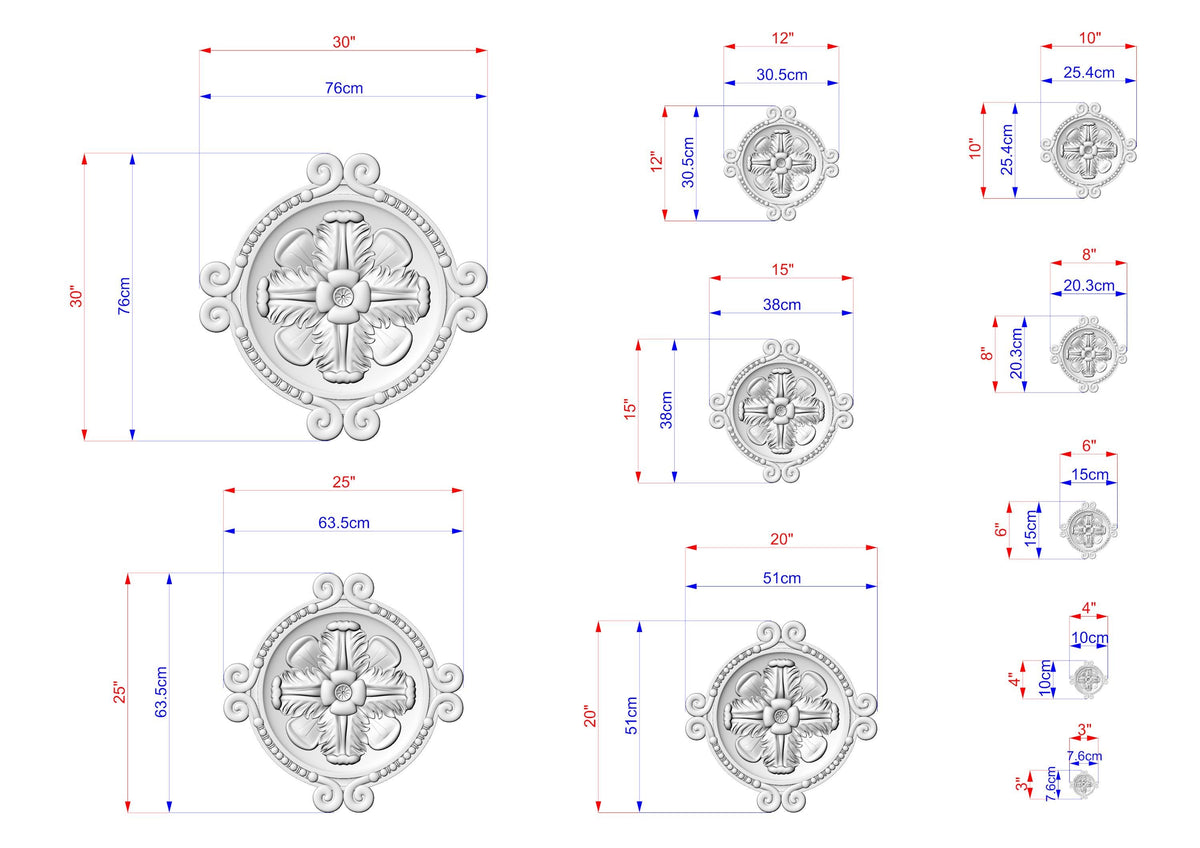 various sizes of a decorative design, including a central circle and smaller circular shapes surrounding it. The image is a technical drawing with measurements and dimensions provided for each design element.