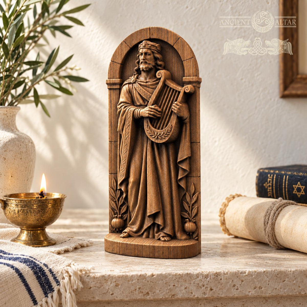 King David with Harp, Oak Wood Statue in Arched Frame, Biblical King Sculpture, Judaica Decor, Gift for Music Lovers