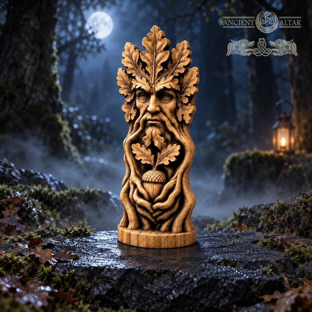 Green Man Acorn Keeper, Oak Wood Tree Spirit Statue, Leaf Face and Twisted Roots Sculpture, Woodland Decor, Pagan Altar Gift