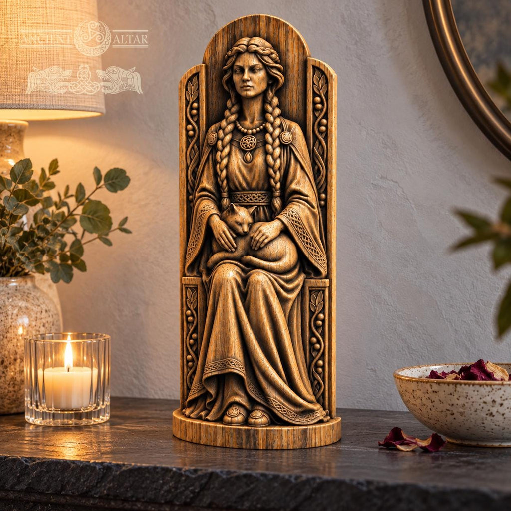 Freya Cat Altar Statue, Oak Norse Mythology Sculpture, Seated Scandinavian Goddess, Viking Witch Decor, Nordic Pagan Gift