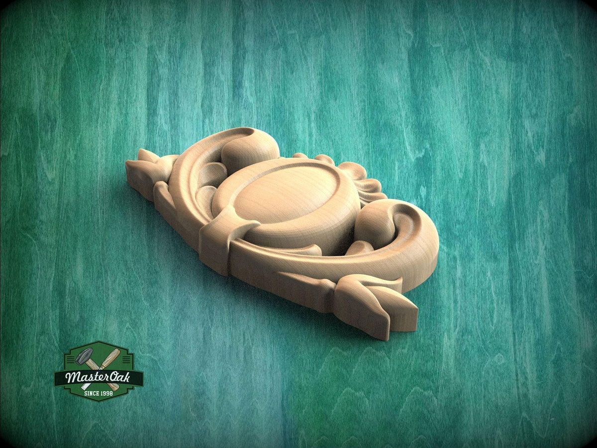 A wooden carving of an ornate, decorative piece is displayed against a green background.