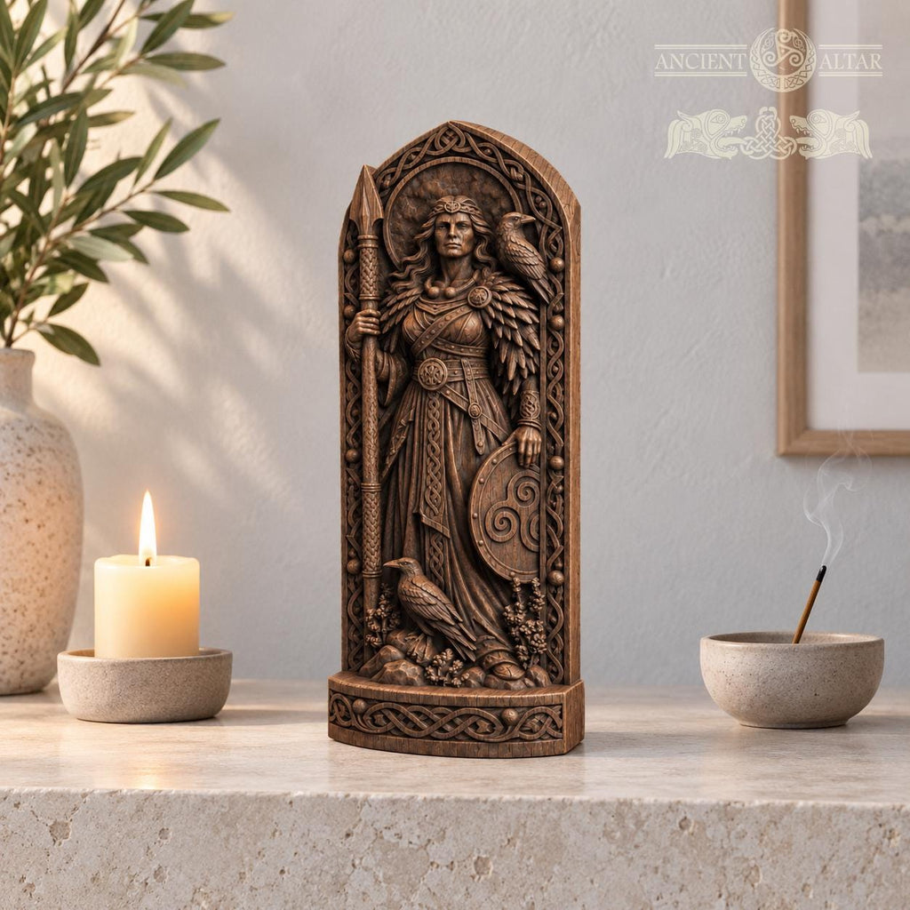 The Morrigan Statue with Ravens, Wooden Celtic Goddess Figurine, Irish Mythology Altar Decor, Pagan Warrior Goddess Gift