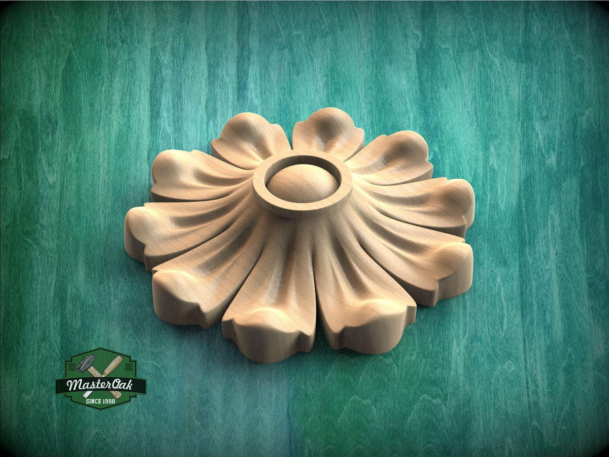 A wooden flower-shaped object is displayed against a green background.