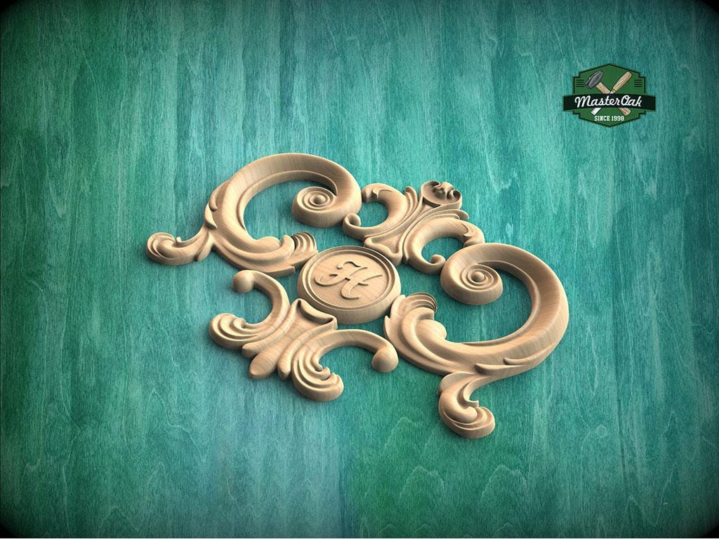 Personalized Regal Elegance: Ornamental Wooden Crest Applique, 1pc, Unpainted, Decorative Wood Trim, Wood Carved Applique Onlay