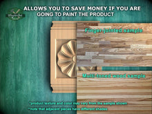 Load image into Gallery viewer, The image is a promotional advertisement for Master Oak Paint, showcasing different samples of their paint products. It features a wooden panel with a decorative design, a finger-jointed sample, and a multi-toned wood sample. The text on the image provides information about the product, such as the paint texture and color, and mentions that adjacent pieces have different shades.
