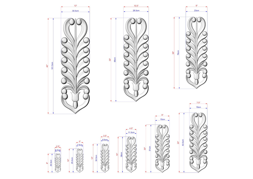 several 3D designs of decorative elements, including a stylized tree-like structure with intricate patterns. The designs are accompanied by measurements in millimeters, providing a detailed visual representation of the size and scale of the elements.