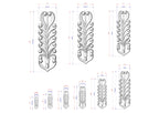 several 3D designs of decorative elements, including a stylized tree-like structure with intricate patterns. The designs are accompanied by measurements in millimeters, providing a detailed visual representation of the size and scale of the elements.