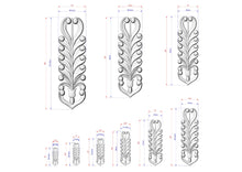 Load image into Gallery viewer, several 3D designs of decorative elements, including a stylized tree-like structure with intricate patterns. The designs are accompanied by measurements in millimeters, providing a detailed visual representation of the size and scale of the elements.
