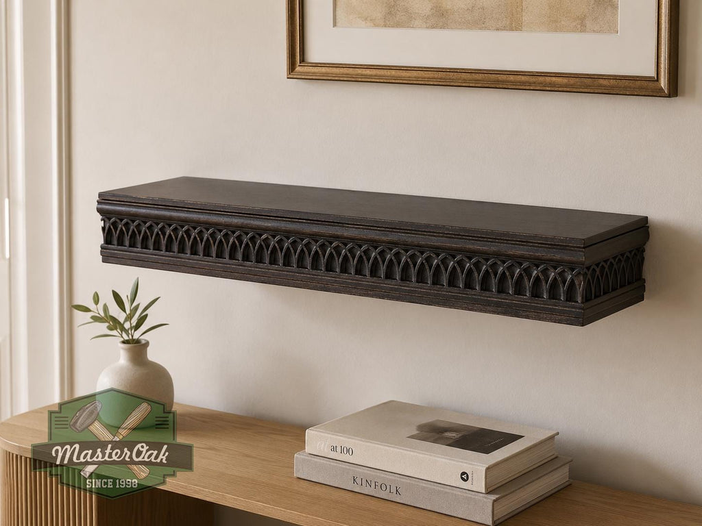Carved Solid Oak Wall Shelf with Gothic Arch Pattern, Floating Display Shelf, Medieval and Dark Academia Home Decor
