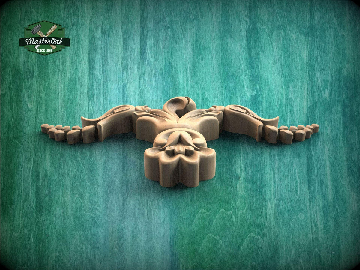 A wooden carving of a stylized bird or bird-like figure is displayed against a green background.