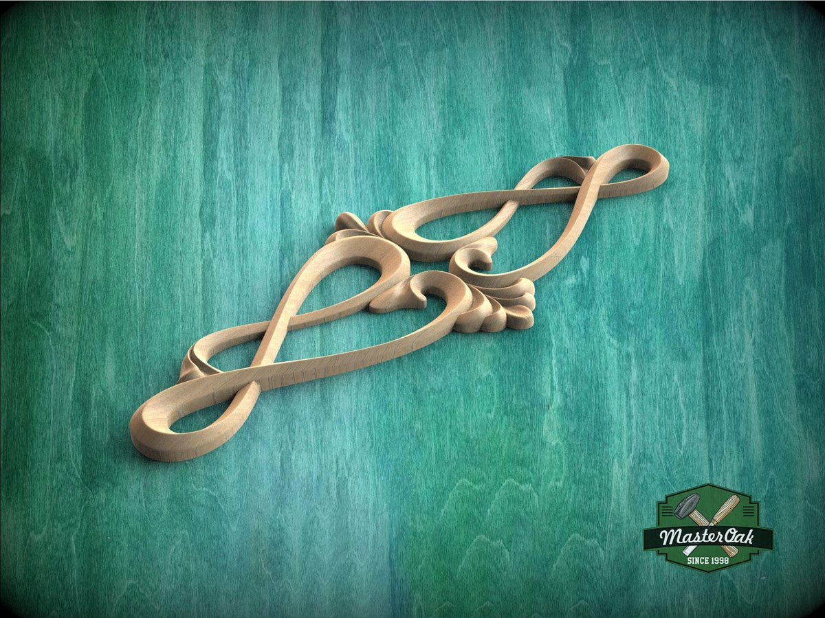 A wooden carving with an intricate design is displayed against a green textured background.