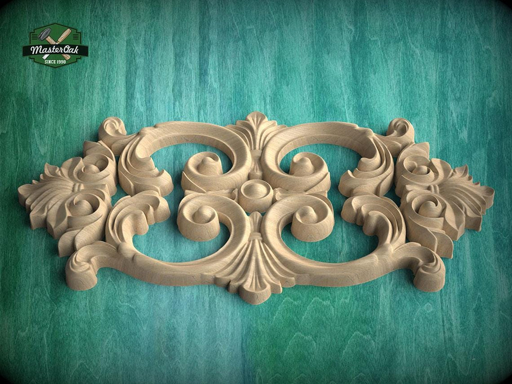 a beautifully carved wooden piece with intricate designs, displayed against a green background.