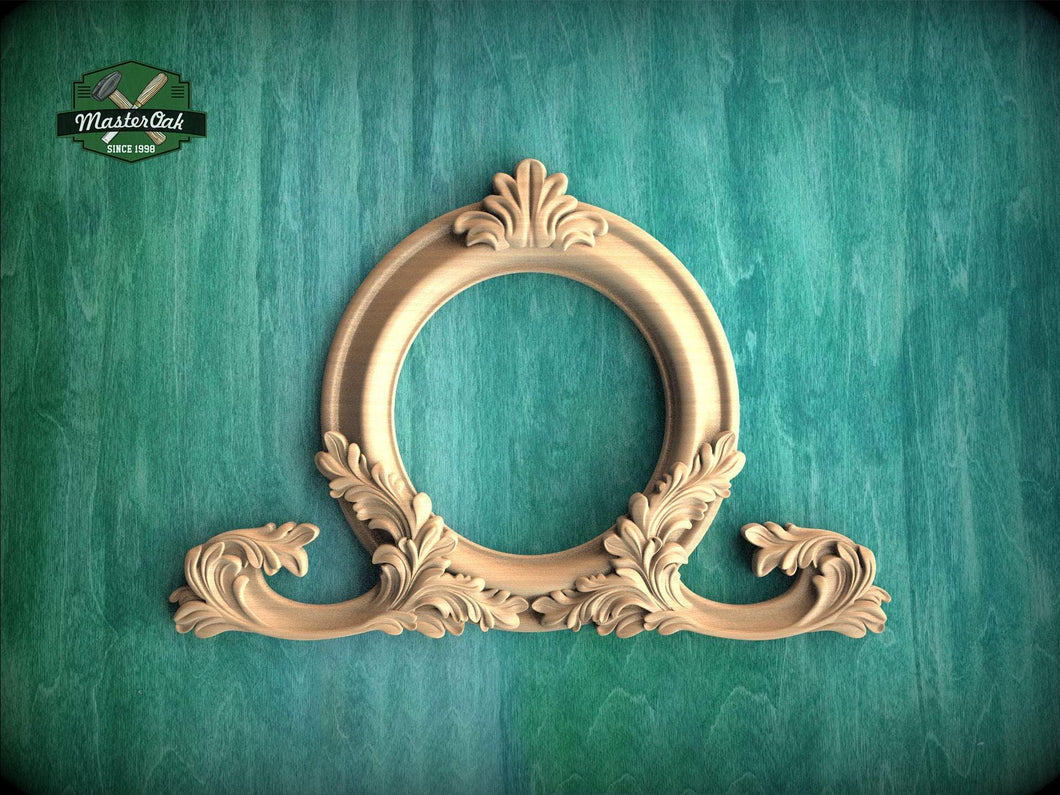 an ornate wooden frame with intricate carvings, set against a green textured background.