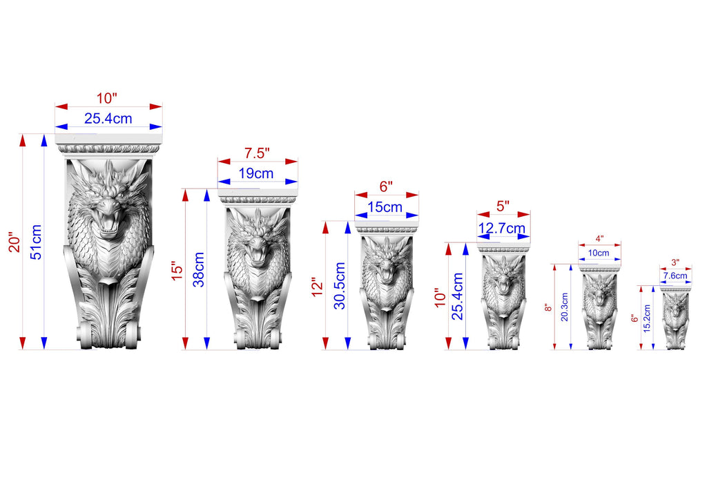a series of seven carved stone lion statues, each with a unique size and height, as indicated by the accompanying measurements.