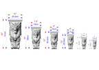 a series of seven carved stone lion statues, each with a unique size and height, as indicated by the accompanying measurements.