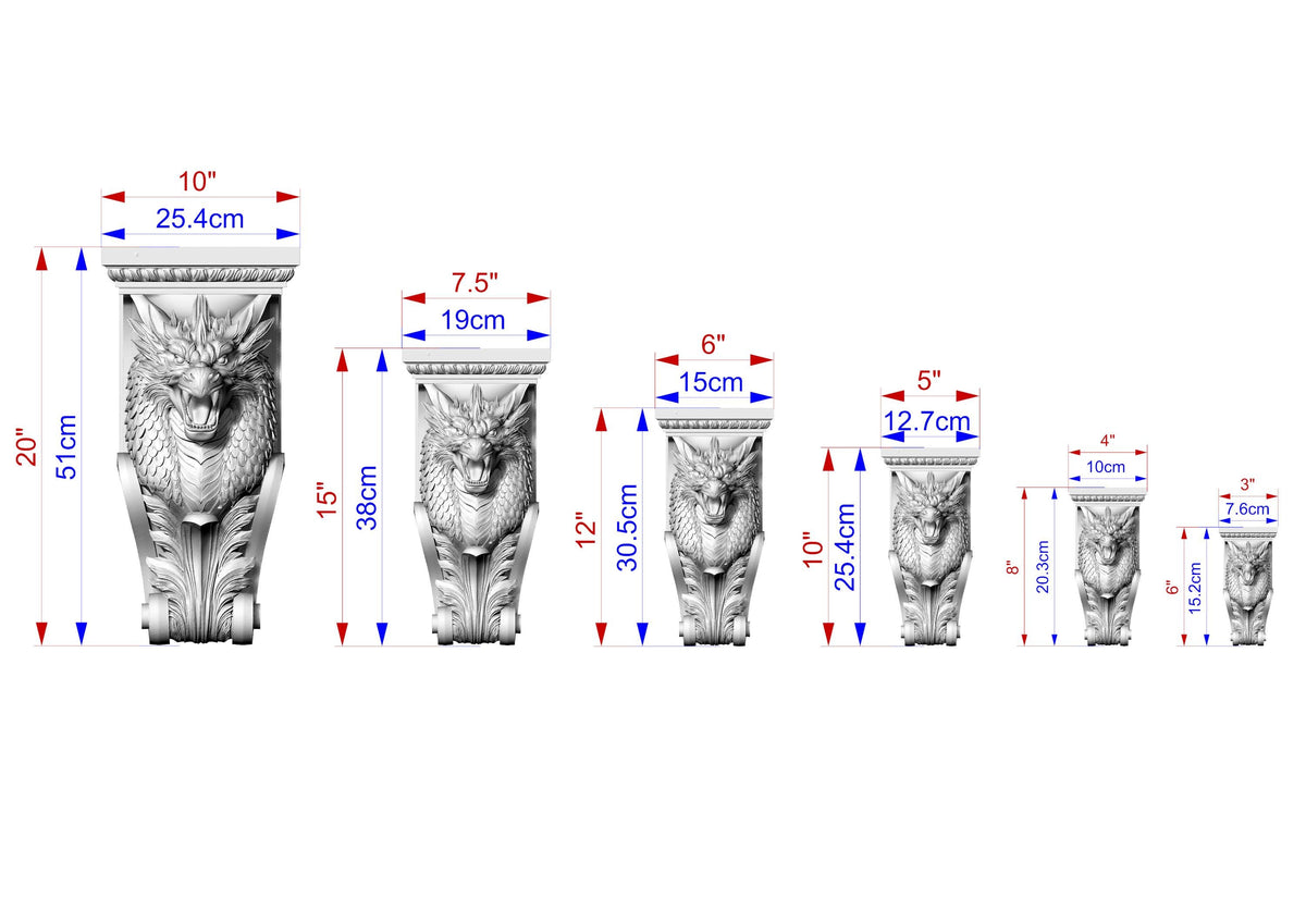 a series of seven carved stone lion statues, each with a unique size and height, as indicated by the accompanying measurements.