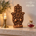 Hamsa Hand with Star of David, Solid Oak Sculpture with Pomegranates, Jewish Home Decor, Judaica Wedding and Housewarming Gift