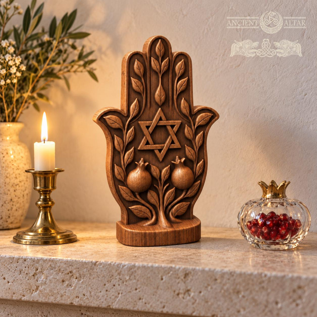 Hamsa Hand with Star of David, Solid Oak Sculpture with Pomegranates, Jewish Home Decor, Judaica Wedding and Housewarming Gift