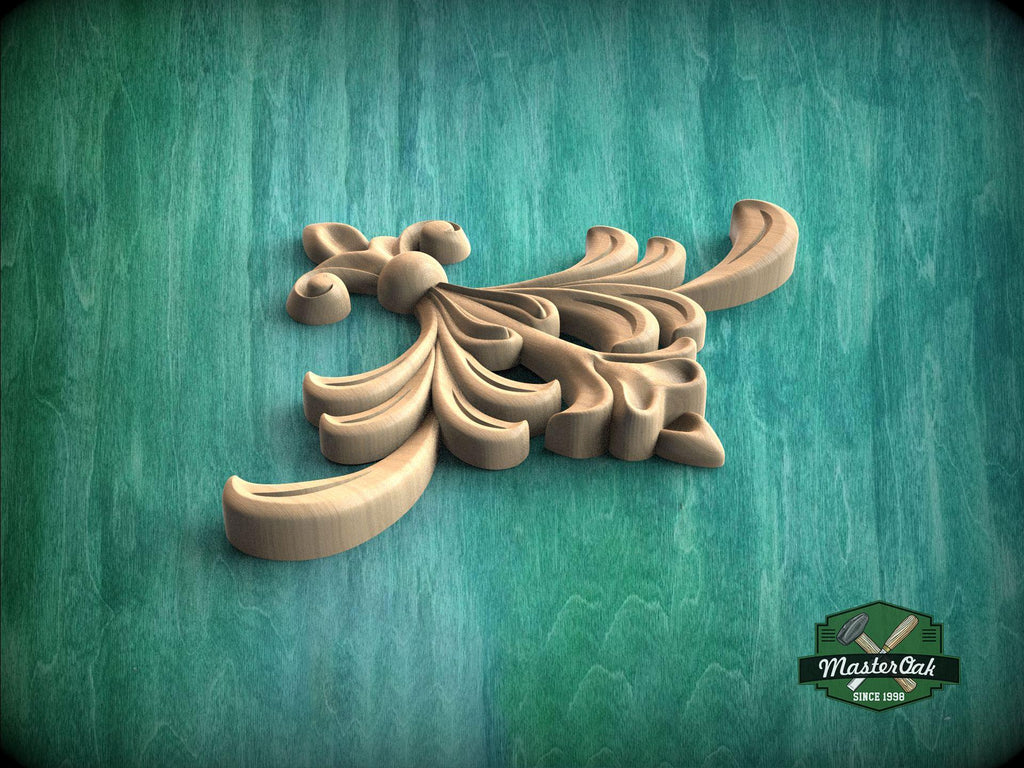 A wooden carving of a stylized flower or leaf design is displayed against a green background.