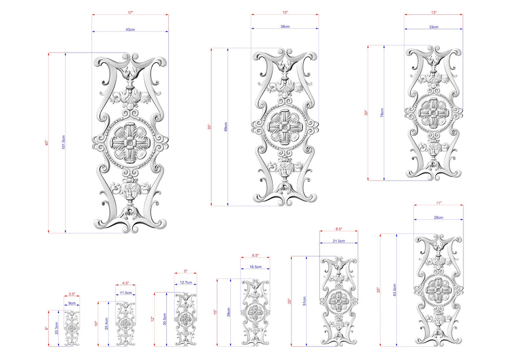 several decorative designs, including a cross and floral motifs, along with their respective dimensions. The designs are arranged in a grid format, with each design being accompanied by its corresponding measurement. The image does not contain any text or additional elements that would require a more detailed description.