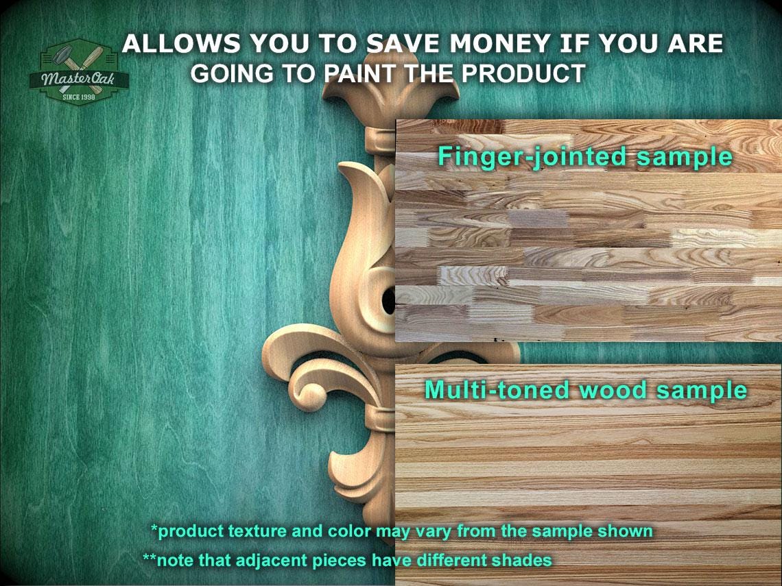 The image is a promotional advertisement for Master Oak Paint, showcasing two different types of wood samples. The text highlights that the samples allow customers to save money if they are going to paint the product, with a focus on the differences between the finger-joined and multi-toned wood samples. The text also mentions that the product texture and color may vary from the sample shown, and that adjacent pieces have different shades.
