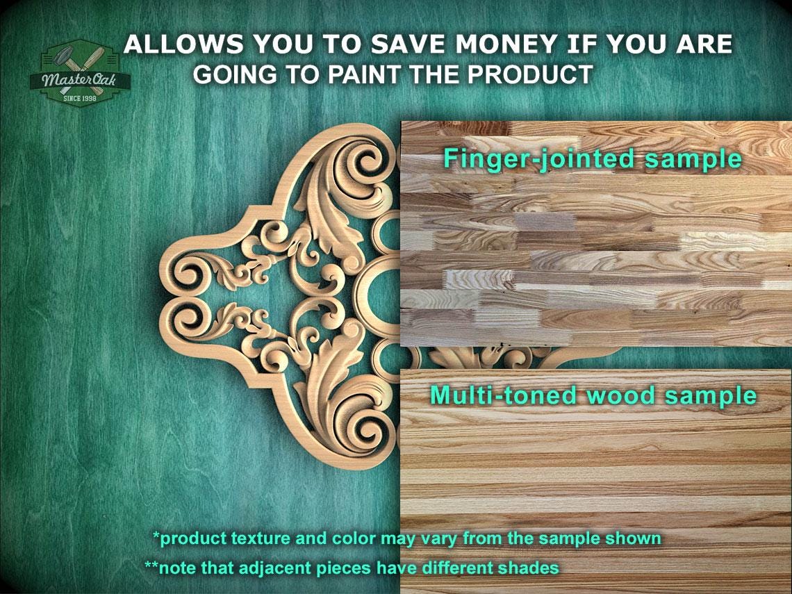 The image is a promotional advertisement for Master Oak, a company that specializes in painting products. It features a close-up of a wooden sample with a decorative design, along with a sample of multi-toned wood. The text on the image provides information about the product, including the cost savings of painting the product and the different shades of the wood sample.