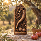 Shofar Oak Wood Relief with Pomegranates and Olive Branches, Judaica Sculpture, Rosh Hashanah Decor, Jewish Housewarming Gift