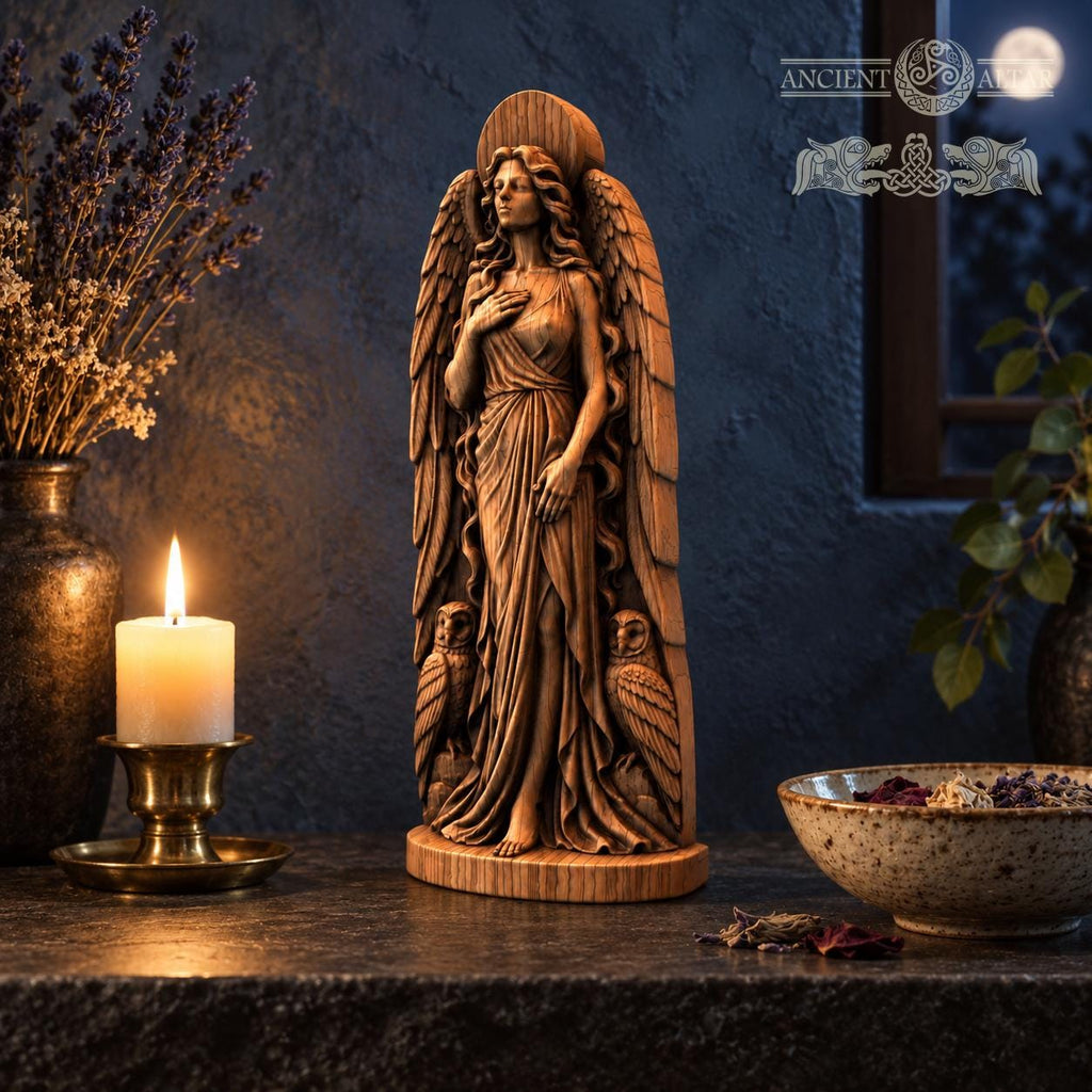 Lilith Owl Statue, Wooden Dark Goddess Figurine, Winged Goddess Altar Decor, Moon and Owl Sculpture, Occult Pagan Gift