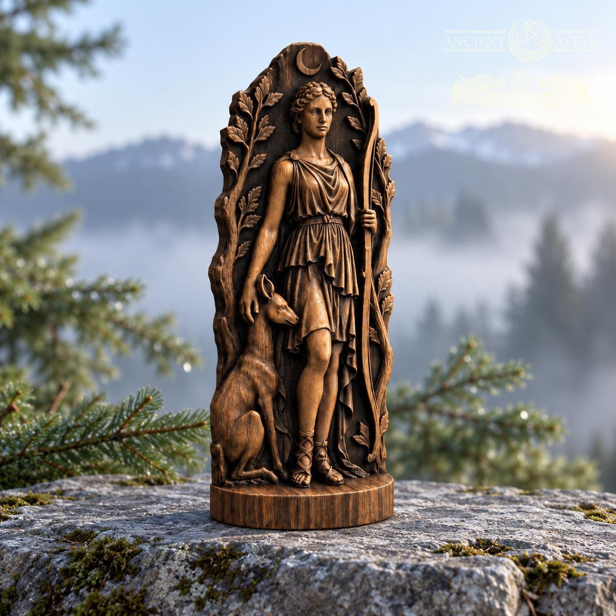 Artemis Huntress Statue with Deer, Wooden Greek Moon Goddess Figurine, Woodland Altar Decor, Archery and Nature Lover Gift