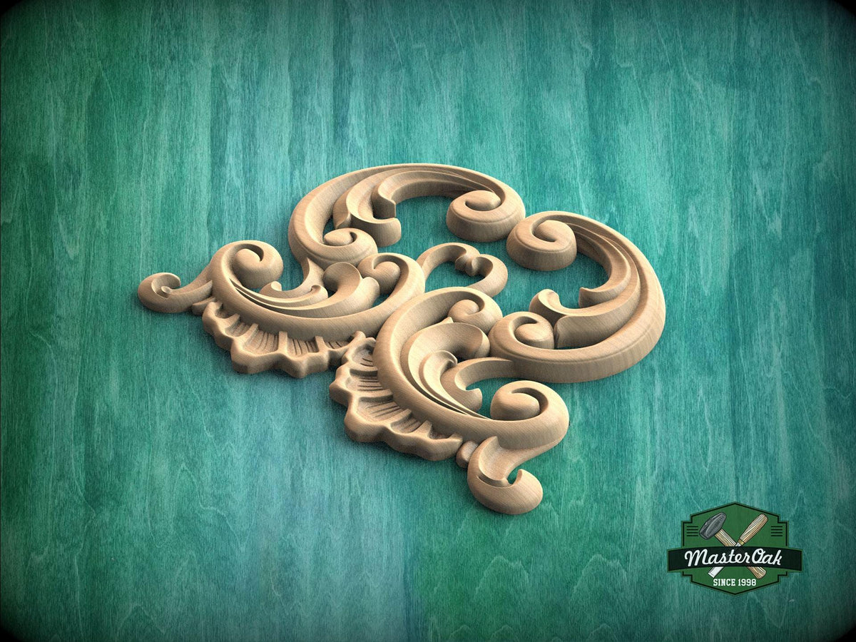 A decorative wooden carving with intricate scrollwork is displayed against a green background.